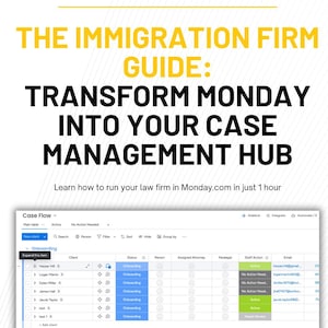 May include: A promotional graphic for Law Firm Architects. The text reads "THE IMMIGRATION FIRM GUIDE: TRANSFORM MONDAY INTO YOUR CASE MANAGEMENT HUB." A screenshot of a Monday.com case management interface is shown below the text.