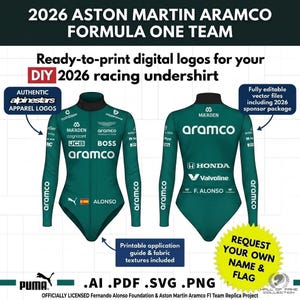 Op de afbeelding: Een digitale afbeelding toont de voor- en achterkant van een groen, langmouwig race-ondershirt met sponsorlogo's zoals Aramco, Honda en Valvoline, plus de naam F. Alonso en een Spaanse vlag voor het 2026 Aston Martin Aramco Formula One Team.