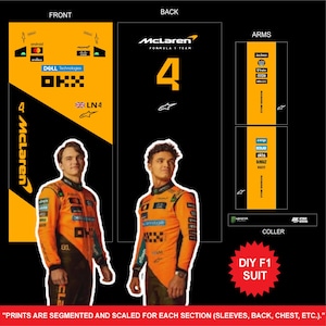Può includere: Design di tuta F1 fai-da-te arancione e nera con il logo del McLaren Formula 1 Team e il numero 4. La parte anteriore della tuta presenta il nome del pilota e i loghi degli sponsor. Il retro mostra anche il logo McLaren.