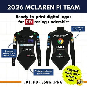 May include: Digital design for a 2026 McLaren F1 Team racing undershirt. The black undershirt features logos for Dell Technologies, Vuse, and DP World. Includes printable application guide and fully editable vector files.