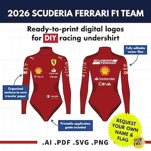 Puede incluir: Diseño de camiseta interior de carreras roja para el equipo Scuderia Ferrari F1 2026. Incluye logotipos y texto, con opciones de impresión DIY. Cuenta con secciones organizadas para papel de transferencia y una guía de aplicación imprimible. Solicite su propio nombre y bandera.