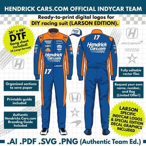 May include: Digital design for a DIY racing suit. The suit is blue and orange with the text "Hendrick Cars.com" and the number "17". Includes a matching cap. The design is 36" x 48" and includes Larson specific Indycar logos.