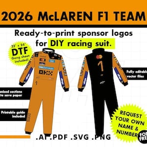 Può includere: Due modelli di tute da corsa per il team McLaren F1 2026, una arancione e una nera. L'immagine include i loghi degli sponsor e il numero 1. Il testo recita "Loghi degli sponsor pronti per la stampa per tuta da corsa fai-da-te".