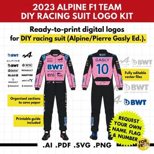 May include: Digital racing suit logo kit for the 2023 Alpine F1 team. Includes ready-to-print logos for DIY racing suits. Features a pink and black racing suit design with the text "GASLY 10". Includes vector files.