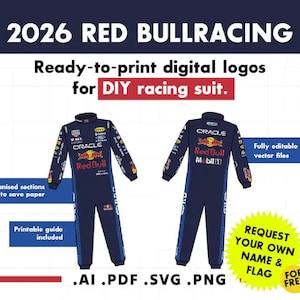 Puede incluir: Mono de carreras azul marino con logotipos de Red Bull, diseñado para proyectos de bricolaje. La imagen incluye el texto "2026 RED BULLRACING" y "Ready-to-print digital logos for DIY racing suit."