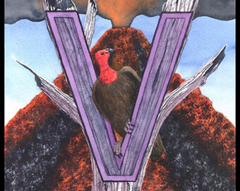 V= Vultures and a Volcano "V" Spelletoes Alphabet Placard