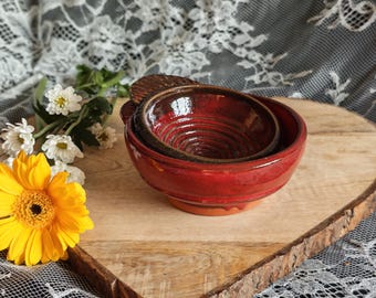 May include: A glossy red ceramic garlic grater bowl with a textured, ridged interior surface for grating, featuring a small handle on the side. The bowl has a deep red glaze on the exterior and a darker, brownish-red glaze on the interior.