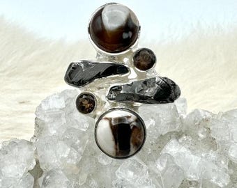 Sterling Silver Peanut Jasper//Shungite//Smokey Quartz Ring