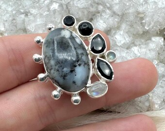 Sterling Silver Dendrite Opal//Moonstone//Onyx Ring