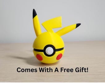 Pikachu Pokeball, 3D Printed, 2.5" Display/Prop Pokeball / Comes With Free Gift!