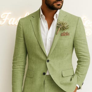 Men Green linen  2 Piece Suits Men Wedding Suits Groomsmen’s Wedding Dinner Suits Men Peaked Lapel Designer Suits