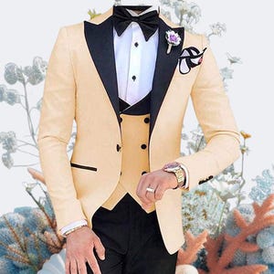 Mens 3 Piece Suits Men Wedding Groom Suits Men Tuxedo Pink Suits Stylish Yellow and Black Lapels Dinner Suits