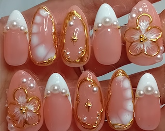 Bridal Press-On Nails | Elegant Pearl & Floral 3D Design | Wedding Nails | Gold Luxury Nails | Handmade False Nails for Bride or Bridesmaids