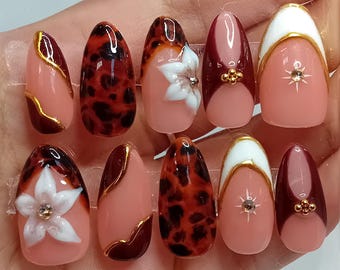 Tortoise Shell 3D Floral Press On Nails | Luxury Reusable Nail Set with Gold Chrome Accent | Almond Shape | Handmade False Nails | Gel Nails