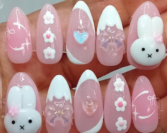 Soft Pink Floral Miffy Style Press-On Nails | Pink Kawaii Nails | Pink & White Kawaii Press On Nails | Handmade 3D Nails | Gift For Her