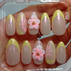 Pastel Yellow French Tip Chrome Press-On Nails | 3D Flower Nails Medium Almond Press-Ons | Spring Nails | Handmade Press Ons | Glue on nails