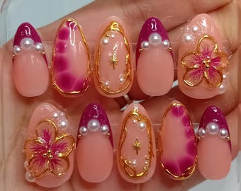 Summer Spring Press-On Nails | Elegant Pearl & Floral 3D Design | Wedding Bridal Nails | Fuchsia Gold 3D Luxury Nails | Handmade Press On