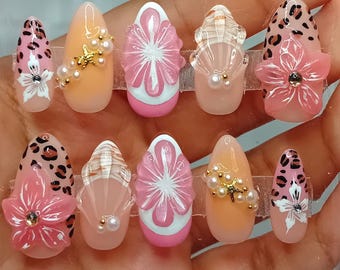 Pink Tropical Summer Beach 3D Press-On Nails | 3D Nails Medium Almond Press-Ons | Spring Summer Nails | Handmade Press-Ons | Glue on nails