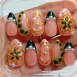 Summer Green Press-On Nails | Elegant Pearl & Floral 3D Design | Wedding Bridal Nails | Green and Gold 3D Luxury Nails | Handmade Press Ons