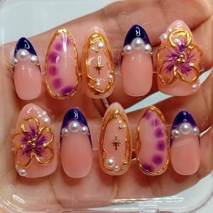 Summer Press-On Nails | Elegant Pearl Floral 3D Design | Wedding Nails | Blue and Gold 3D Luxury Nails | Handmade Press Ons | Gift For Her