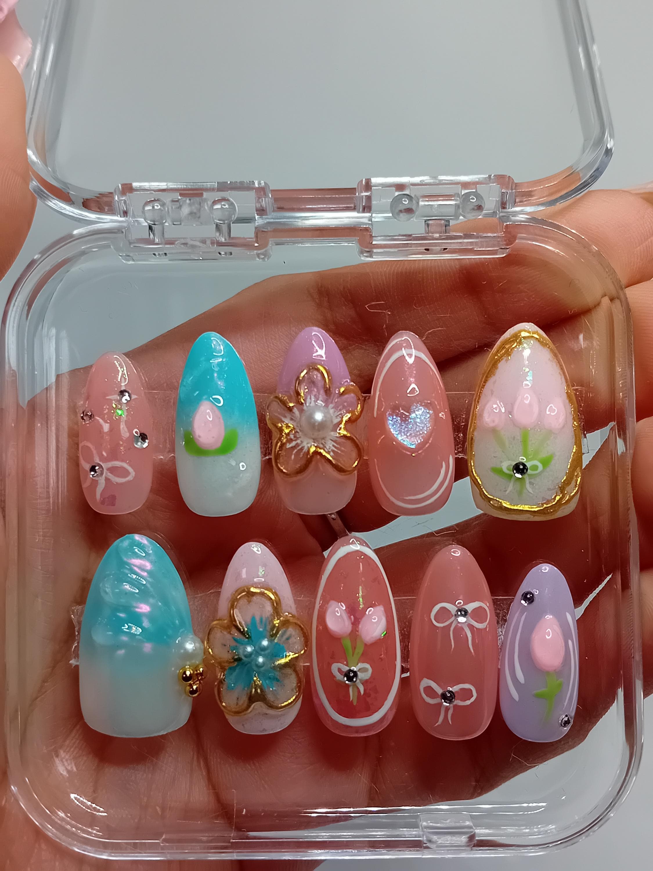 Spring and  Summer Press-On Nails | Cute Y2K Gel Nails | Kawaii 3D Floral Holiday Nails | Kawaii Pastel Press On Nails | Gift For Her