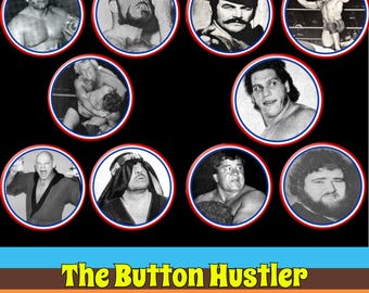 Wrestling button pin pack from the golden era of the AWA. A pack of ten  1” buttons. Nostalgic stocking stuffer gift for wrestling fans.