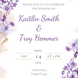 Editable Wedding Invitation Template Purple Floral Gold | Canva Invitation Digital Download | Printable Wedding Invite Instant Download