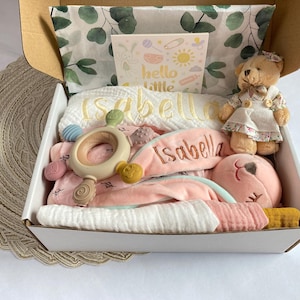 Personalized baby gift, baby shower gift set, newborn gift basket, name new baby gift box, embroidered muslin baby keepsake, custom gift