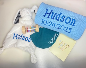 Personalized Baby Gift Box | Newborn Gift Set with Custom Name Blanket, Lovey & Burp Cloth | Baby Shower Gift | Embroidered Keepsake