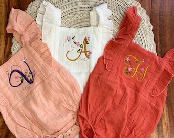 Personalized Monogram Baby Romper with Headband: Embroidered Muslin Sleeveless One Piece