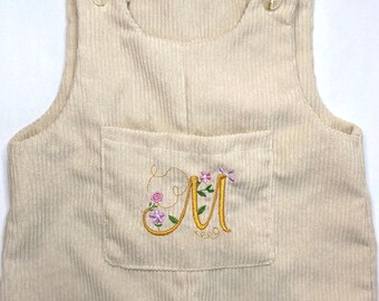 Personalized girl suspenders, embroidered monogram romper, elegant baby pants, corduroy custom girl outfit