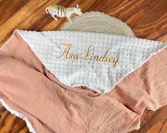 Personalized baby blanket, 2 sided muslin blanket, soft minky embroidered cover, embroidered toddler wrap