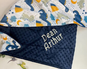 Personalized Dinosaur Baby Blanket: Soft Embroidered Minky Blanket, Flowers, Rainbows, Ocean Designs