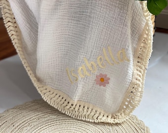 Personalized Muslin Baby Blanket with Tassels: Custom Name Swaddle