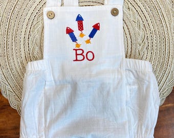 Personalized 4th of July Baby Romper, Embroidered Cotton Jumpsuit, Independence Day fireworks outfit