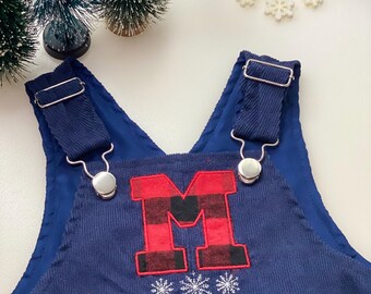 Personalized embroidered boy/girl suspender pants, Christmas name jumpsuit, winter monogram clothes, applique custom outfit