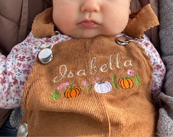 Personalized Embroidered Jumpsuit: Embroidered Monogram Baby Romper, Name Boy Suspenders, Custom Girl Outfit, Pumpkin or Turkey Design
