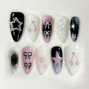 Customised Luxury 3d y2k cherry bow Press on Nails| Handpainted Fake Nails | Custom Fit Nails | Vacation Nails | cherry nails Bow nails star