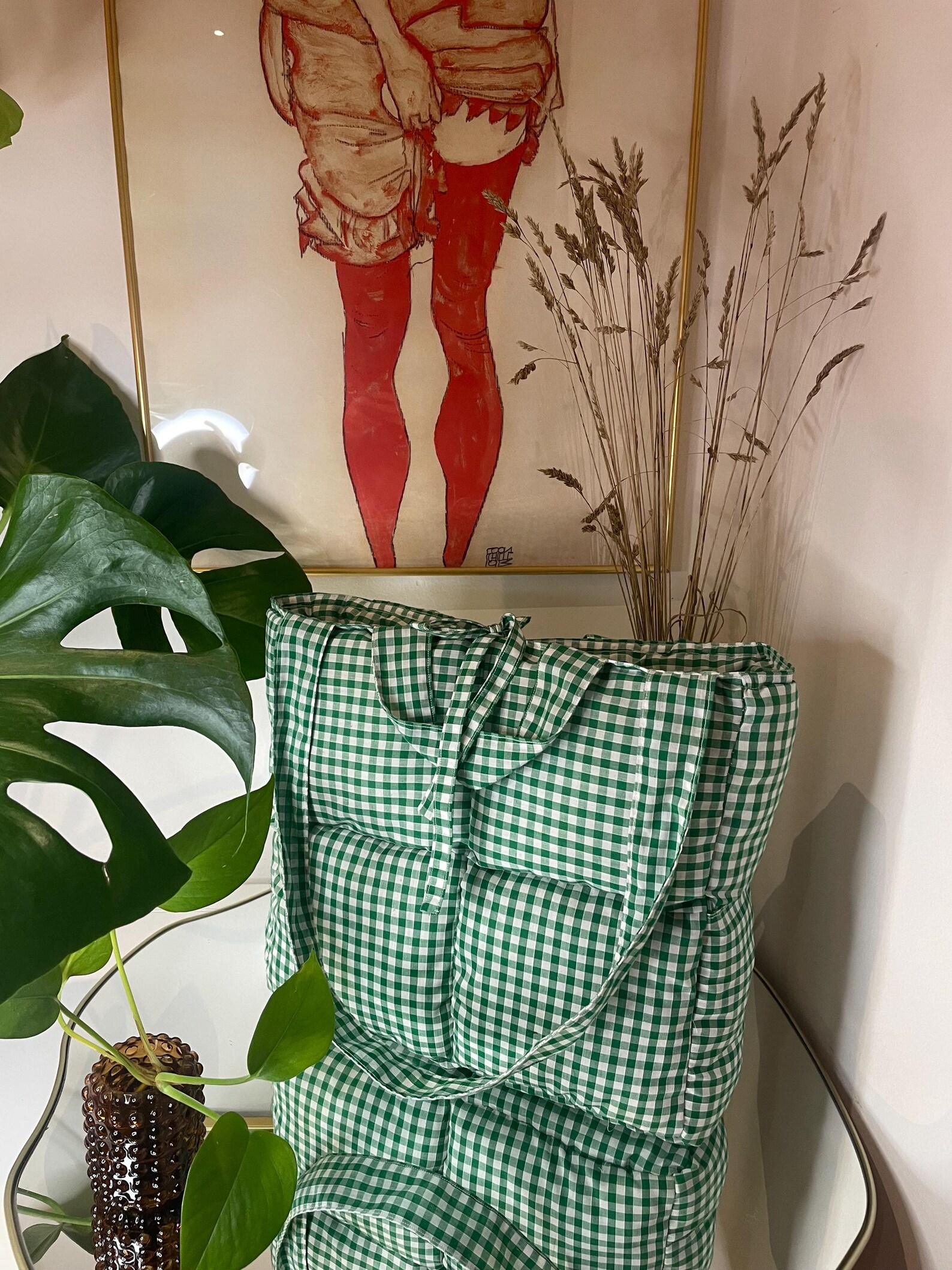 Handmade Blue Gingham Quilted Tote Bag – Cotton Patchwork Shoulder Bag with Green Accents main image 1