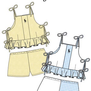 Puede incluir: Un patrón de costura para un conjunto de top con tirantes anudados y pantalones cortos. El top presenta tirantes anudados y un dobladillo con volantes. Un conjunto es amarillo liso, el otro es blanco con un panel de cuadros vichy azul. El texto "Tie Strap Top Sewing Pattern" está en la parte superior.