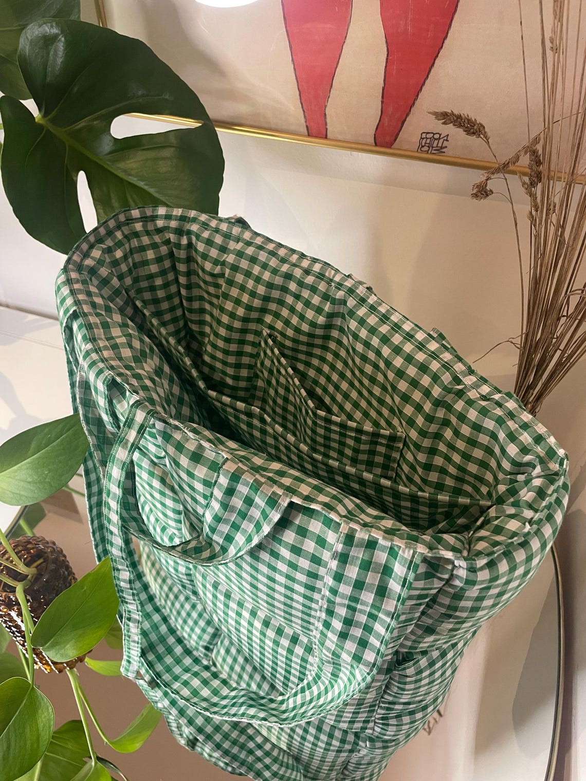 Handmade Blue Gingham Quilted Tote Bag – Cotton Patchwork Shoulder Bag with Green Accents