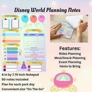 Disney World Planning Notes: 50 page notepad with categorized sections for Disney vacation planning.