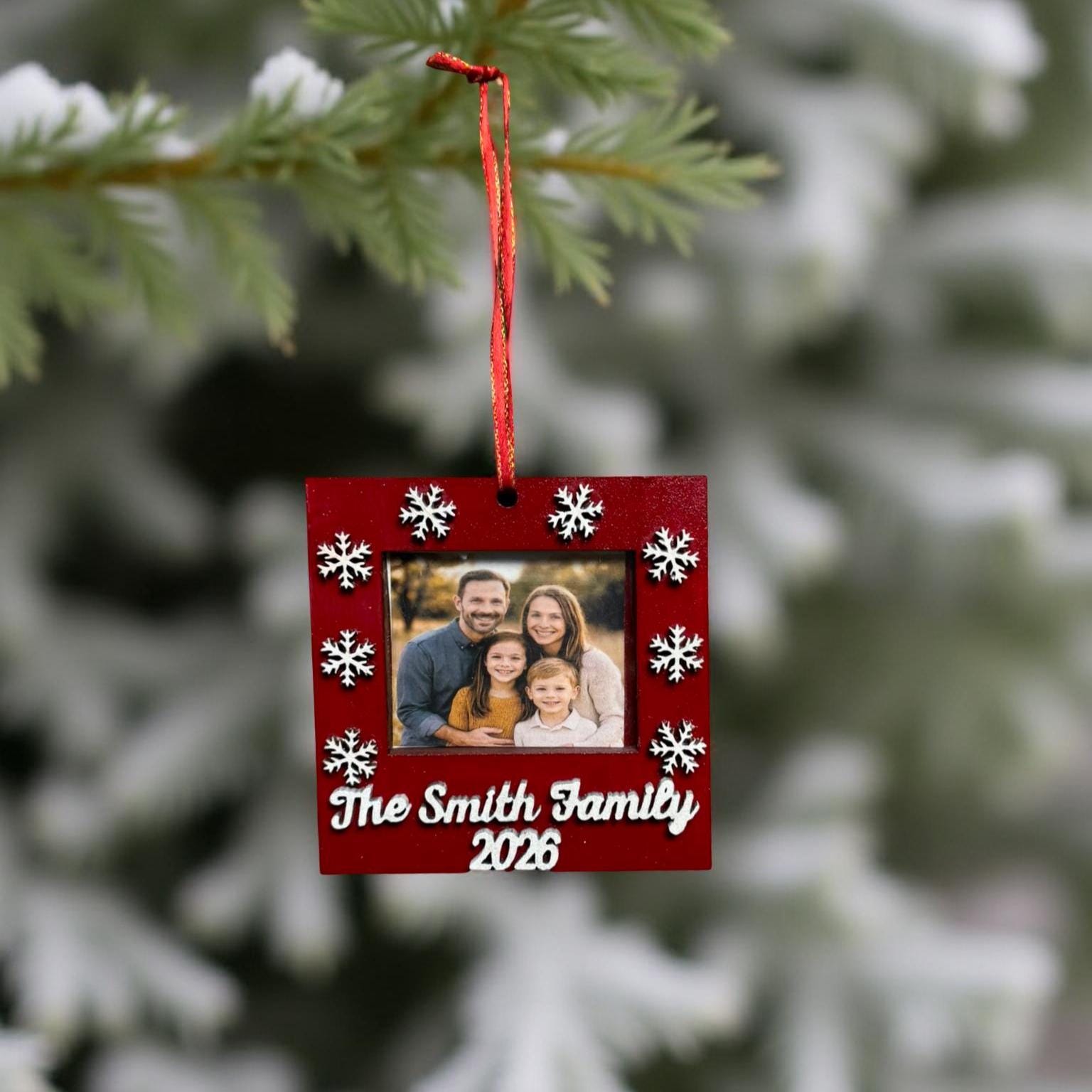Personalized Family Photo Ornament – 4” Square Christmas Frame with Snowflake Cutouts – Custom Name & Year Keepsake - Thumbnail 4