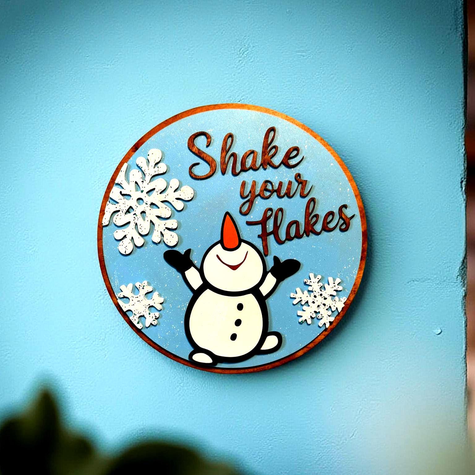 Shake Your Flakes Winter Sign – 14” Round Wooden Snowman Decor – Layered Snowflake Cutouts – Funny Holiday Door Hanger or Gift - Thumbnail 6