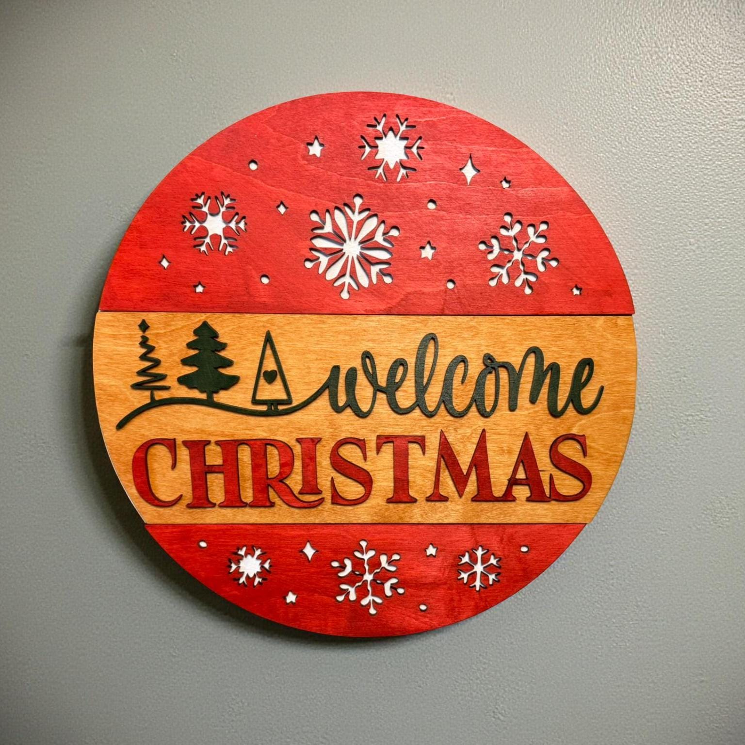 Welcome Christmas Sign – 14" Round Wooden Door Hanger – Layered Holiday Wall Decor with Snowflake Cutouts & Optional Bow - Thumbnail 3