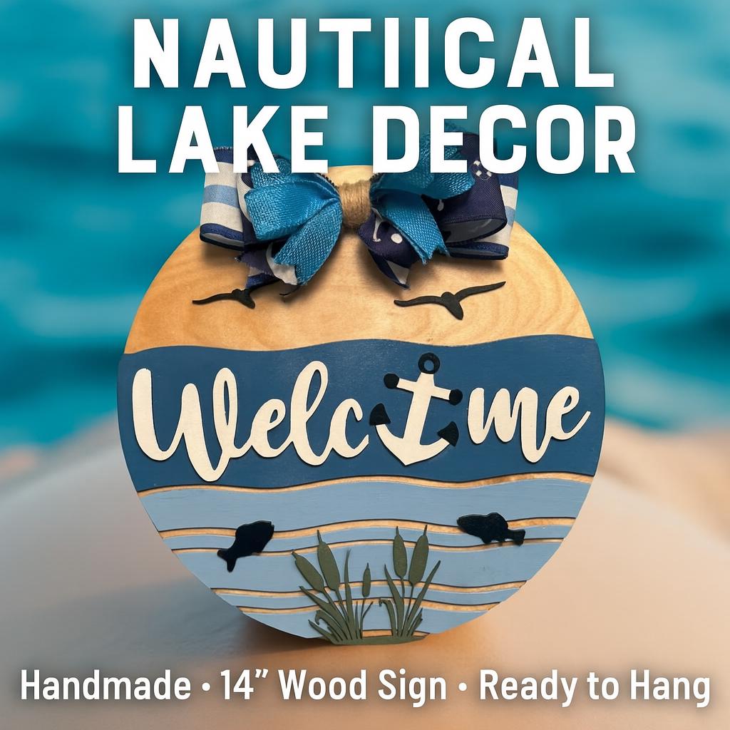 Lake House Welcome Sign – 14" Round Nautical Anchor Door Hanger – Coastal Cabin Porch Decor – Wooden Dock or Beach House Sign with Bow - Thumbnail 2