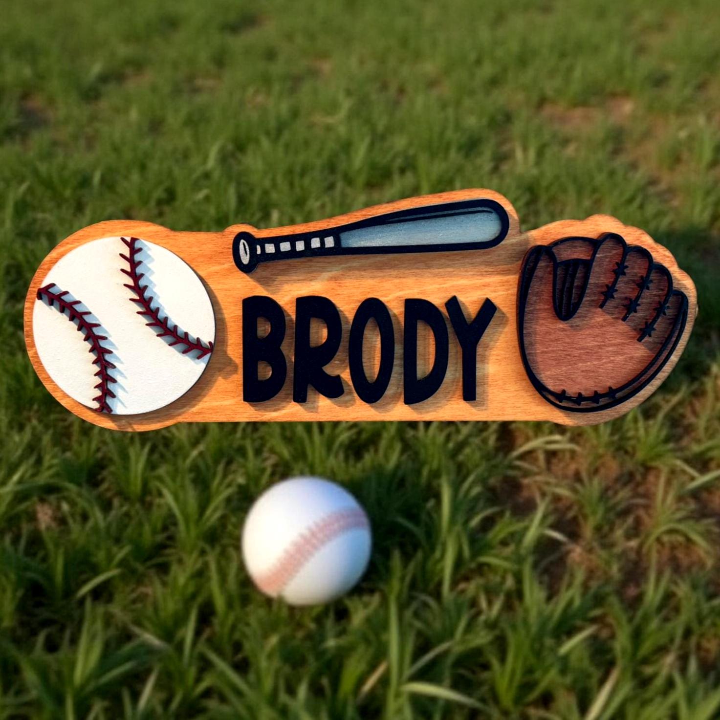 Personalized Baseball Name Sign – Custom Bat, Ball & Glove Cutouts –Layered Wood - Thumbnail 3