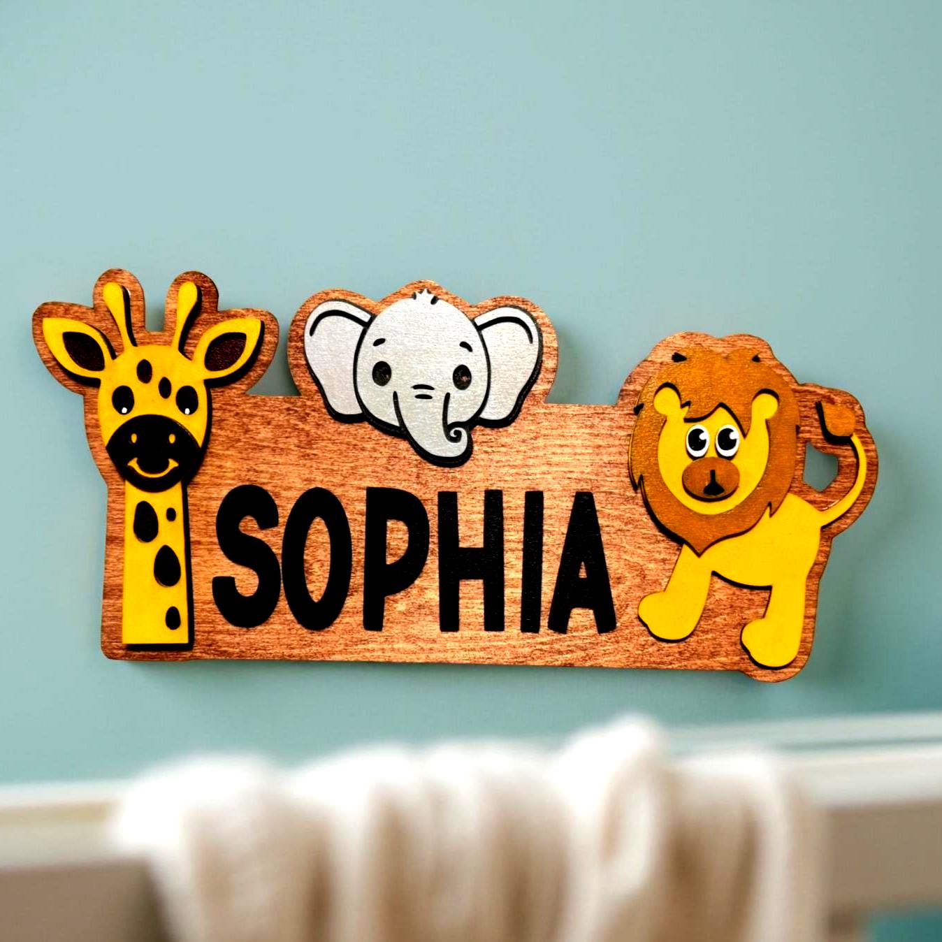 Safari Jungle Animal Name Sign – Personalized Kids Wall Decor – Giraffe, Elephan - Thumbnail 4