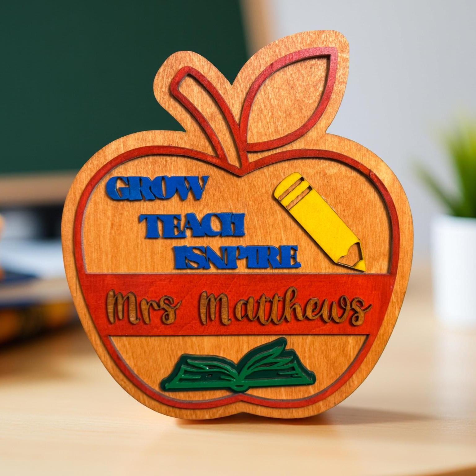 Personalized Teacher Apple Sign: Custom Classroom Decor, Wood Sign