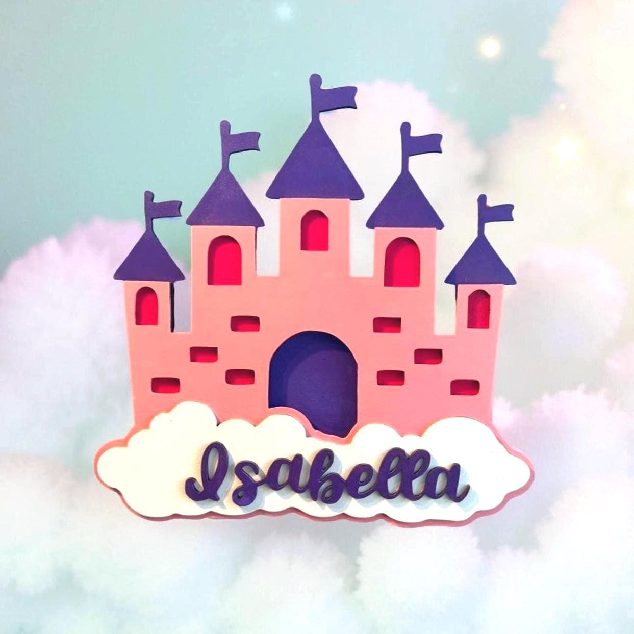 Personalized Princess Castle Sign – Custom Name Wall Decor for Girls Room or Nursery – Pink Layered Wood Castle with Cloud Cutout